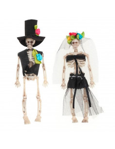 Tradineur - Pack de 2 Esqueletos vestidos de novios - Adorno para Halloween - Fabricado en plástico - Vestidos de Negro con Flor