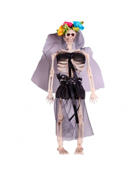 Tradineur - Pack de 2 Esqueletos vestidos de novios - Adorno para Halloween - Fabricado en plástico - Vestidos de Negro con Flor