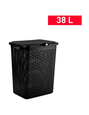 Tradineur - Cesto rattan para ropa sucia con tapa y asas, pongotodo de plástico, cubo para colada, imitación de mimbre, fabricad
