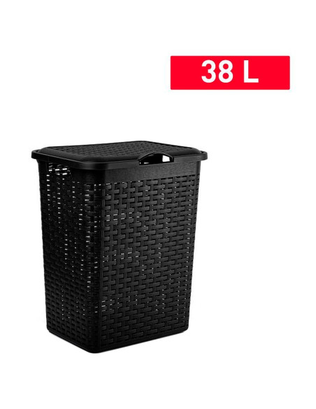 Tradineur - Cesto rattan para ropa sucia con tapa y asas, pongotodo de plástico, cubo para colada, imitación de mimbre, fabricad