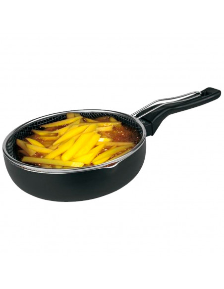 Tradineur - Sartén de inducción antiadherente con Cestillo Freidor - Fabricado en Aluminio - Incluye mango de silicona - Apto pa