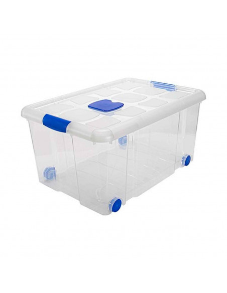 Caja de ordenación de plástico nº 5 transparente, con tapa, ruedas y asas, capacidad 57 litros, 31 x 61.5 x 44 cm