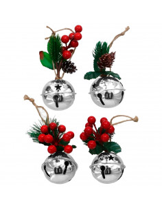 Tradineur - Pack de 4 Cascabeles Colgantes con Piñas - Fabricado en Plástico - Decoración navideña - Ø 6 cm - Color Plata - Mode