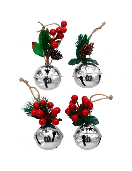 Tradineur - Pack de 4 Cascabeles Colgantes con Piñas - Fabricado en Plástico - Decoración navideña - Ø 6 cm - Color Plata - Mode