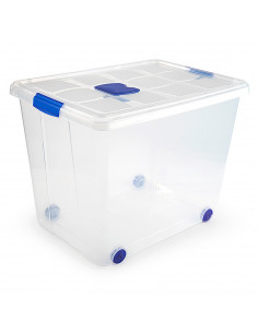 Caja de plastico transparente de almacenamiento con tapa y ruedas nº 8 con 86 litros de capacidad 46.5 x 44 x 61.5 cm