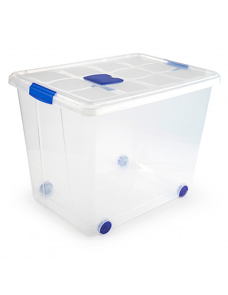 Caja de plastico transparente de almacenamiento con tapa y ruedas nº 8 con 86 litros de capacidad 46.5 x 44 x 61.5 cm