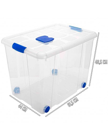 Caja de plastico transparente de almacenamiento con tapa y ruedas nº 8 con 86 litros de capacidad 46.5 x 44 x 61.5 cm