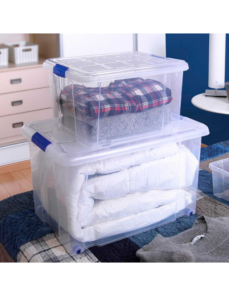 Caja de plastico transparente de almacenamiento con tapa y ruedas nº 8 con 86 litros de capacidad 46.5 x 44 x 61.5 cm