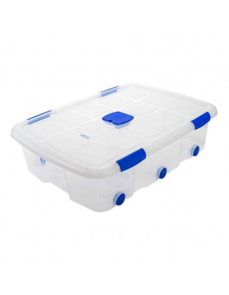 Caja de ordenación de plástico nº 14 transparente, con tapa, ruedas y asas, capacidad 56 litros, 20.5 x 76.8 x 56.5