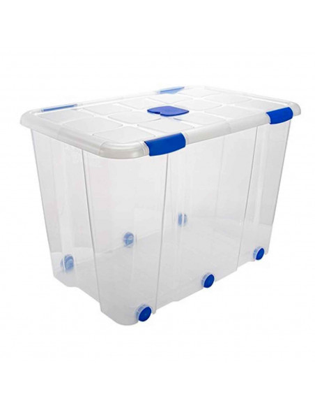 Tradineur - Caja de ordenación de plástico nº 19 transparente, con tapa, ruedas y asas, capacidad 160 litros, 56 x 80 x 51.5 cm