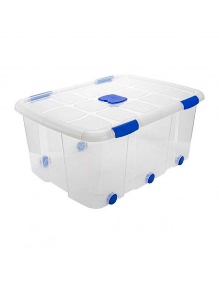 Caja de plástico nº 15 transparente con ruedas de 34,3 x 76,5 x 56,3 cm,con capacidad para 100 litros. Baúl con tapa para organi