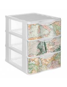 Tradineur - Cajonera de plástico, modelo Mapamundi, 3 cajones transparentes, torre almacenaje, juguetes, dormitorio infantil, ni