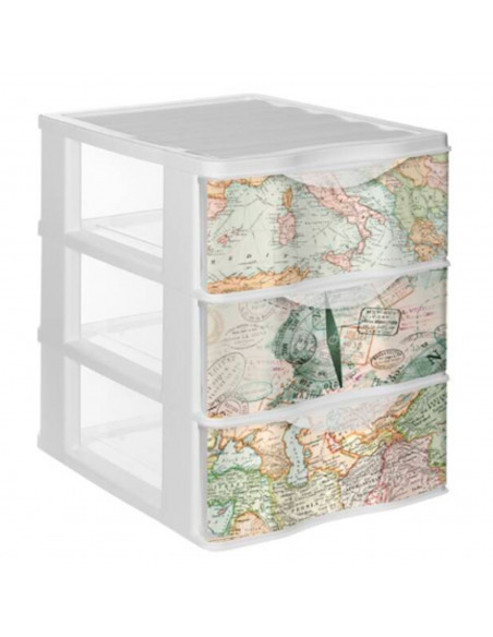 Tradineur - Cajonera de plástico, modelo Mapamundi, 3 cajones transparentes, torre almacenaje, juguetes, dormitorio infantil, ni