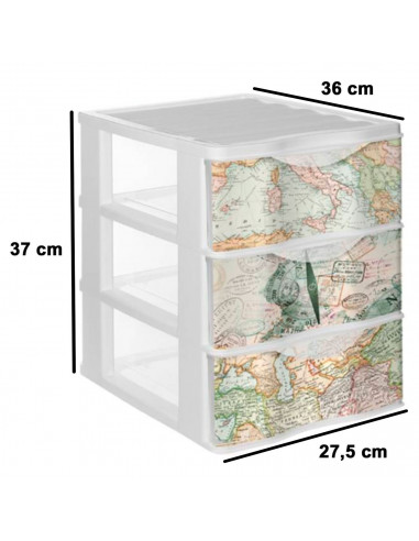 Tradineur - Cajonera de plástico, modelo Mapamundi, 3 cajones transparentes, torre almacenaje, juguetes, dormitorio infantil, ni