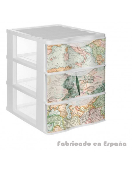 Tradineur - Cajonera de plástico, modelo Mapamundi, 3 cajones transparentes, torre almacenaje, juguetes, dormitorio infantil, ni