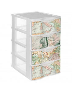 Tradineur - Cajonera de plástico, modelo Mapamundi, 4 cajones transparentes, torre almacenaje, juguetes, dormitorio infantil, ni