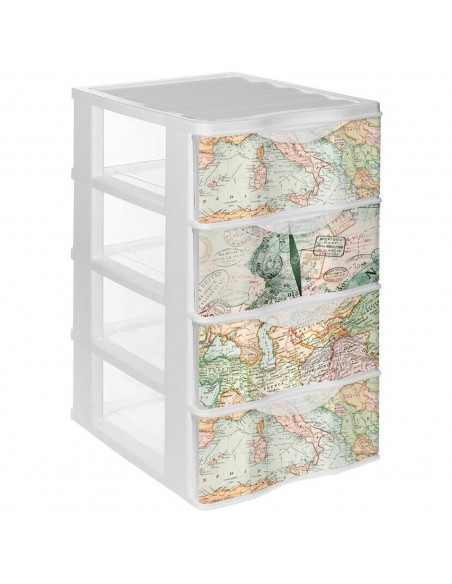 Tradineur - Cajonera de plástico, modelo Mapamundi, 4 cajones transparentes, torre almacenaje, juguetes, dormitorio infantil, ni