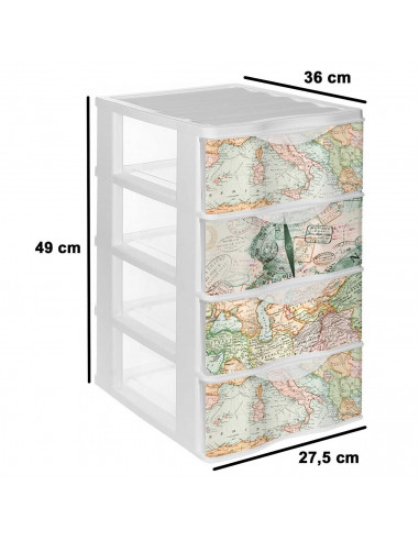 Tradineur - Cajonera de plástico, modelo Mapamundi, 4 cajones transparentes, torre almacenaje, juguetes, dormitorio infantil, ni