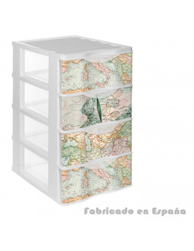Tradineur - Cajonera de plástico, modelo Mapamundi, 4 cajones transparentes, torre almacenaje, juguetes, dormitorio infantil, ni