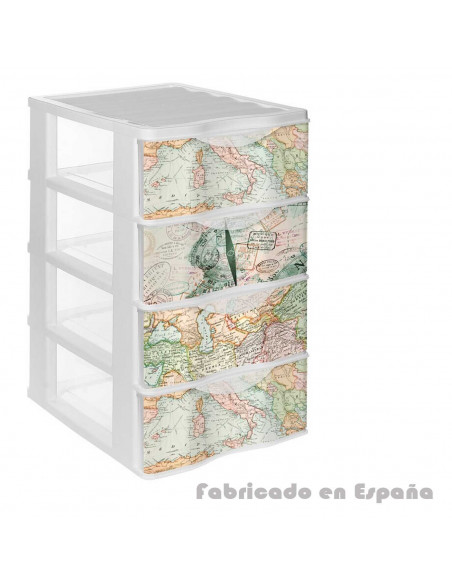 Tradineur - Cajonera de plástico, modelo Mapamundi, 4 cajones transparentes, torre almacenaje, juguetes, dormitorio infantil, ni