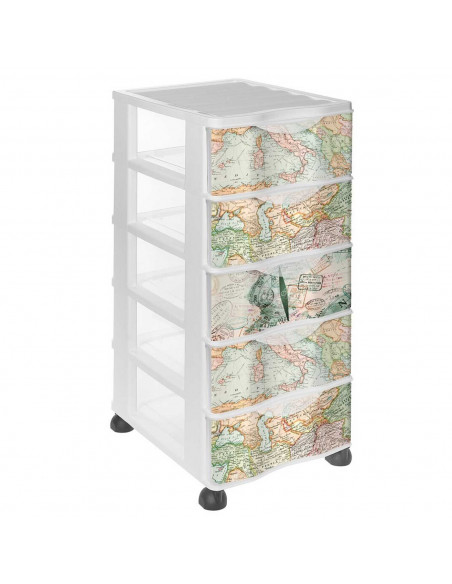 Tradineur - Cajonera de plástico con ruedas, modelo Mapamundi, 5 cajones transparentes, torre almacenaje, juguetes, dormitorio i