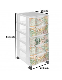 Tradineur - Cajonera de plástico con ruedas, modelo Mapamundi, 5 cajones transparentes, torre almacenaje, juguetes, dormitorio i 2