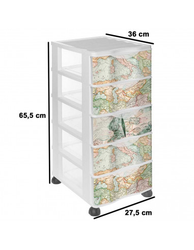 Tradineur - Cajonera de plástico con ruedas, modelo Mapamundi, 5 cajones transparentes, torre almacenaje, juguetes, dormitorio i