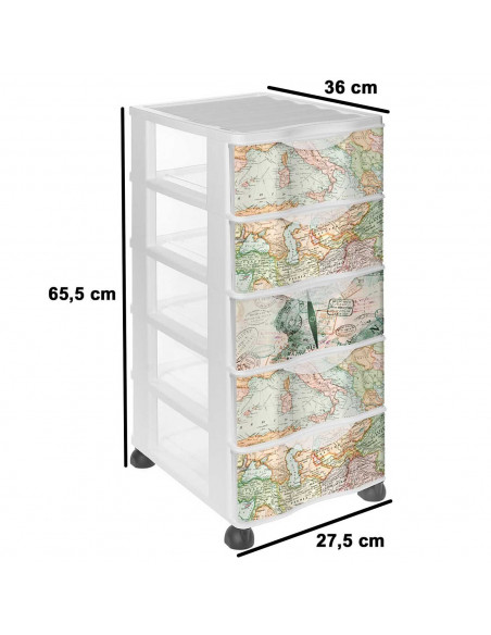 Tradineur - Cajonera de plástico con ruedas, modelo Mapamundi, 5 cajones transparentes, torre almacenaje, juguetes, dormitorio i
