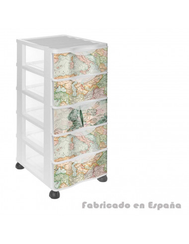 Tradineur - Cajonera de plástico con ruedas, modelo Mapamundi, 5 cajones transparentes, torre almacenaje, juguetes, dormitorio i