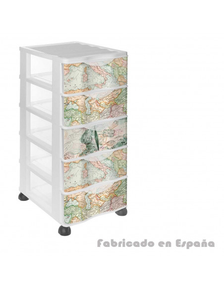 Tradineur - Cajonera de plástico con ruedas, modelo Mapamundi, 5 cajones transparentes, torre almacenaje, juguetes, dormitorio i