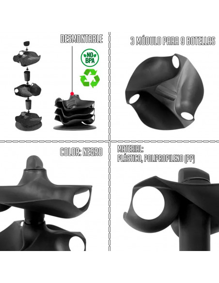 Tradineur - Botellero redondo para 9 Botellas y 3 Niveles - Fabricado en Plástico - Soporte vertical organizador de botellas - D