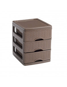 Tradineur - Cajonera "turia" imitación mimbre 3 cajones de color topo de 17 x 13,5 x 17 cm, Cajonera plástico 3 cajones para mes