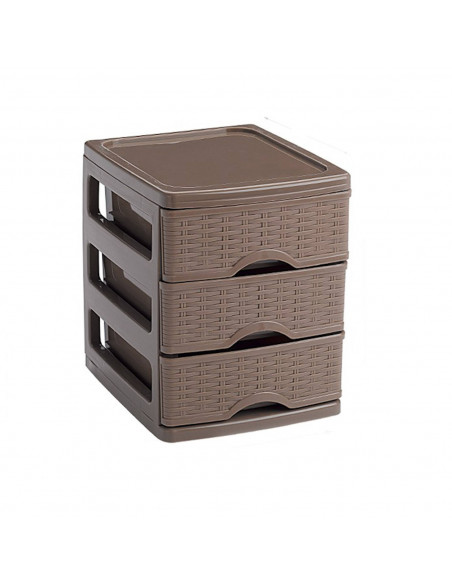 Tradineur - Cajonera "turia" imitación mimbre 3 cajones de color topo de 17 x 13,5 x 17 cm, Cajonera plástico 3 cajones para mes