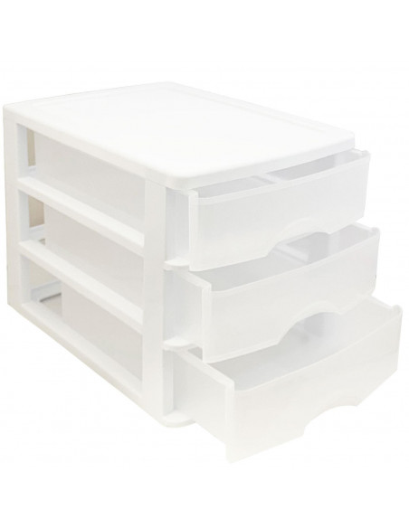 Tradineur - Cajonera "turia" de sobremesa 3 cajones de color blanco de 17 x 13,5 x 17 cm, Cajonera plástico 3 cajones para mesa