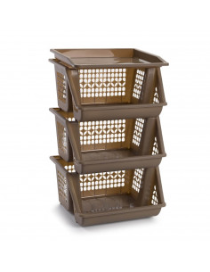 Tradineur - Verdulero apilable modelo PLFT color topo 3 cestas, 57 x 36 x 29 cm. Cestas portaobjetos apliables, estantes multius