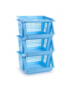 Tradineur - Verdulero apilable modelo PLFT color azul 3 cestas, 57 x 36 x 29 cm. Cestas portaobjetos apliables, estantes multius