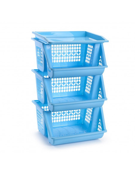 Tradineur - Verdulero apilable modelo PLFT color azul 3 cestas, 57 x 36 x 29 cm. Cestas portaobjetos apliables, estantes multius