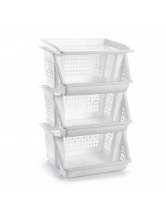 Tradineur - Verdulero apilable modelo PLFT color blanco 3 cestas, 58 x 38 x 29 cm. Cestas portaobjetos apliables, estantes multi