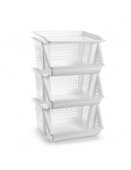 Tradineur - Verdulero apilable modelo PLFT color blanco 3 cestas, 58 x 38 x 29 cm. Cestas portaobjetos apliables, estantes multi
