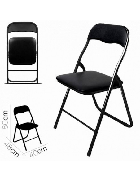 Silla plegable con asiento y respaldo acolchado negro 80 x 40 x 48 cm, carga máxima 80 kg, estructura pvc y acero, gomas antides