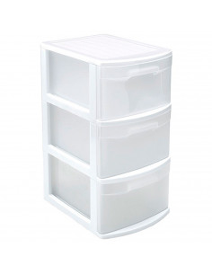 Tradineur - Cajonera támesis de plástico blanco, 3 cajones transparentes, 58,5 x 28,5 x 39 cm, torre de almacenaje y organizació