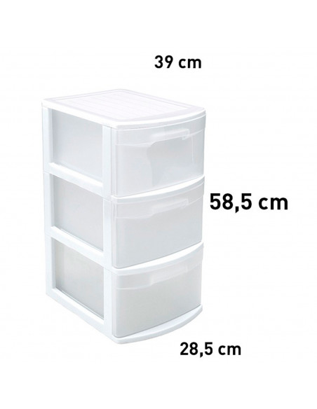 Tradineur - Cajonera támesis de plástico blanco, 3 cajones transparentes, 58,5 x 28,5 x 39 cm, torre de almacenaje y organizació