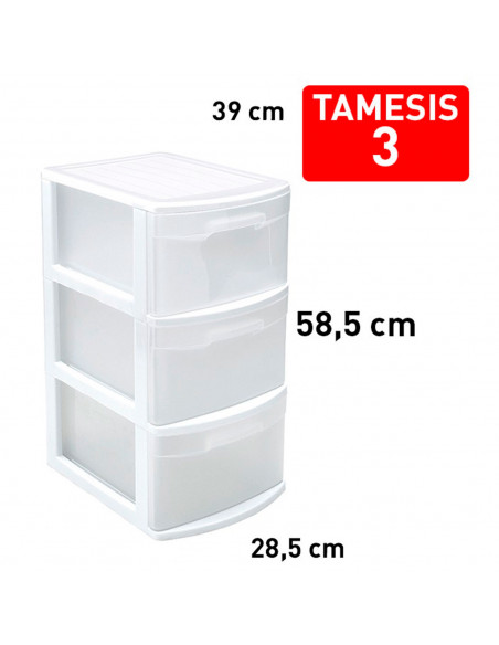 Tradineur - Cajonera támesis de plástico blanco, 3 cajones transparentes, 58,5 x 28,5 x 39 cm, torre de almacenaje y organizació