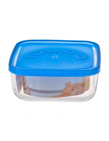 Fiambrera cuadrada de vidrio 15 x 15 x 6,2 cm, modelo Igloo, tapa de plástico azul, recipiente para alimentos apto para lavavaji