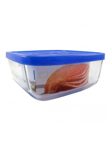 Fiambrera cuadrada de vidrio 15 x 15 x 6,2 cm, modelo Igloo, tapa de plástico azul, recipiente para alimentos apto para lavavaji