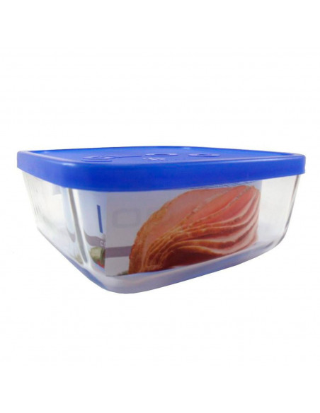 Fiambrera cuadrada de vidrio 15 x 15 x 6,2 cm, modelo Igloo, tapa de plástico azul, recipiente para alimentos apto para lavavaji