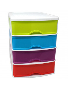 Tradineur - Cajonera de sobremesa de plástico blanco, 4 cajones multicolor, 35 x 27 x 35,5 cm, torre almacenaje multiusos, organ