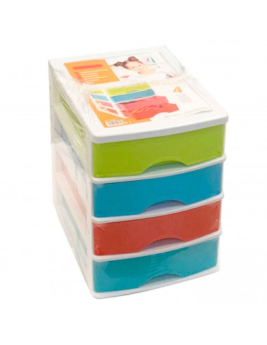 Tradineur - Cajonera de sobremesa de plástico blanco, 4 cajones multicolor, 35 x 27 x 35,5 cm, torre almacenaje multiusos, organ
