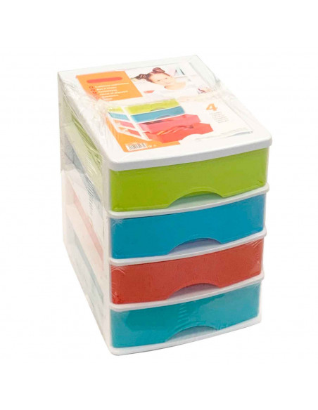 Tradineur - Cajonera de sobremesa de plástico blanco, 4 cajones multicolor, 35 x 27 x 35,5 cm, torre almacenaje multiusos, organ