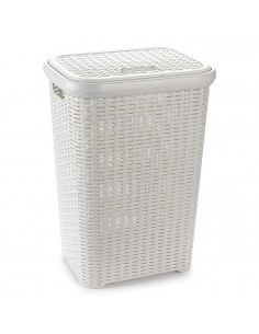 Tradineur - Cesto para ropa sucia con tapa y asas 60 litros, blanco, 61,5 x 42,5 x 34 cm, pongotodo rattan de plástico, cubo par